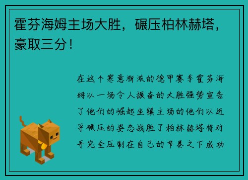 霍芬海姆主场大胜，碾压柏林赫塔，豪取三分！